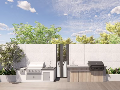 Outdoor Kitchen Area Featuring Grill Sink Cabinets And Green Plants Under Blue Sky 3d model