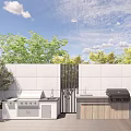 Outdoor Kitchen Area Featuring Grill Sink Cabinets And Green Plants Under Blue Sky