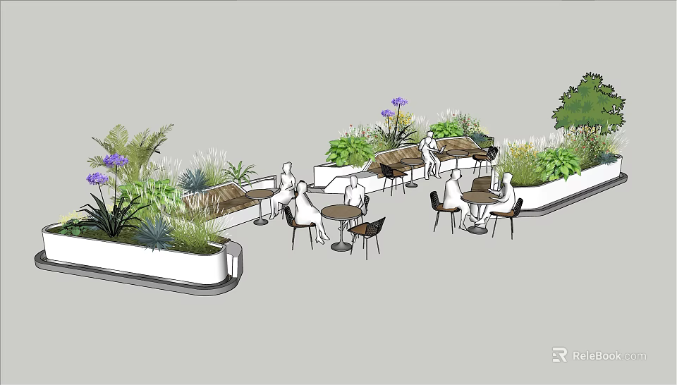 Outdoor Lounge Space With Green Plants Tables Chairs And People Enjoying 3d model 