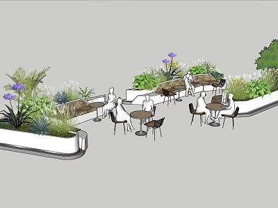 Outdoor Lounge Space With Green Plants Tables Chairs And People Enjoying 3d model