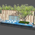 Modern Landscape Wall Design With Waterfall Rocks And Green Trees 3d model