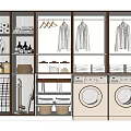 Modern Laundry Room With Two Washing Machines Hanging Clothes And Storage Cabinets