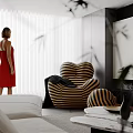 Modern Living Dining Room Interior With Sofa Striped Armchair Floor To Ceiling Windows And Coffee Table