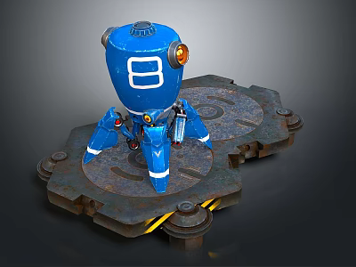 Blue Robot Game Movie Character With Number 8 Mechanical Design On Metal Platform Sci Fi Style 3d model