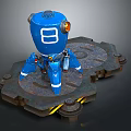 Blue Robot Game Movie Character With Number 8 Mechanical Design On Metal Platform Sci Fi Style