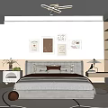 Modern Bedroom Interior With Beige Bed Round Rug Ceiling Fan And Artworks