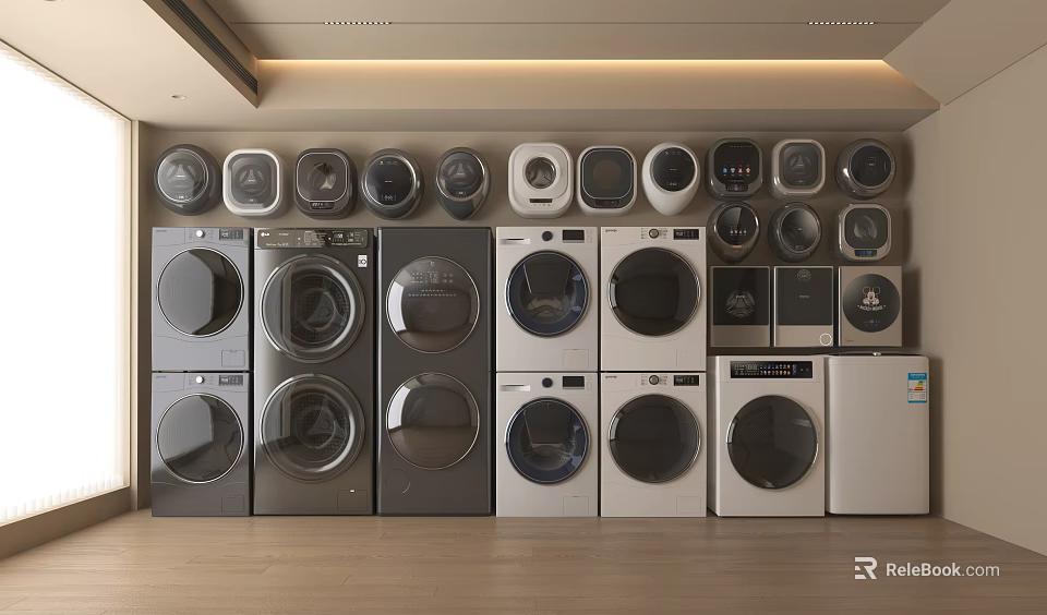 Various Modern Washing Machines in Black and White Front Load Designs Displayed in Showroom 3d model 
