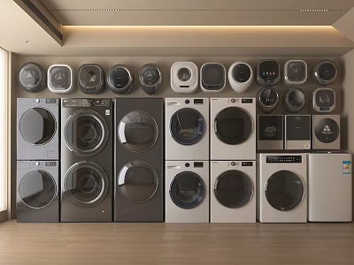 Various Modern Washing Machines in Black and White Front Load Designs Displayed in Showroom 3d model