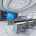 Modern Monitoring Room Interior With Large Blue Screen Control Desks And Ergonomic Chairs