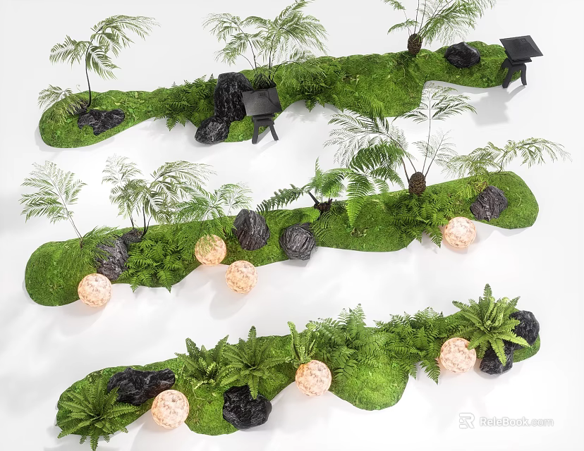 Green Shrub Landscaping With Moss Covered Ground Black Stones And Orange Orb Lights 3d model 