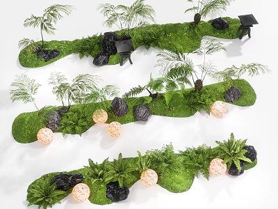 Green Shrub Landscaping With Moss Covered Ground Black Stones And Orange Orb Lights 3d model