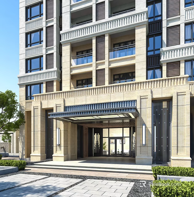 Modern Building Entrance Gate With Stone Facade Glass Canopy Steps And Greenery 3d model 