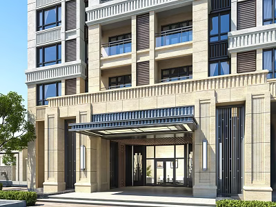Modern Building Entrance Gate With Stone Facade Glass Canopy Steps And Greenery 3d model