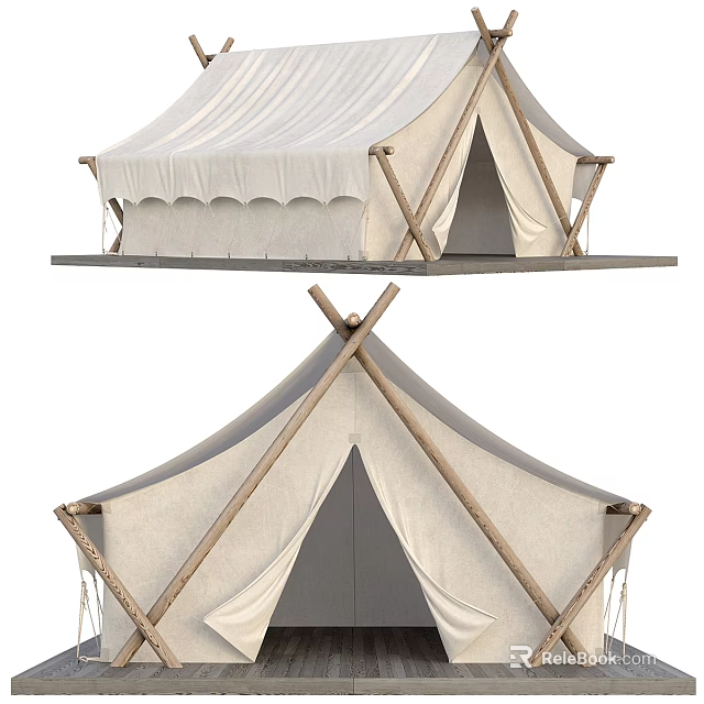 Natural White Canvas Tent With Wooden Crossed Poles For Outdoor Camping Use 3d model 