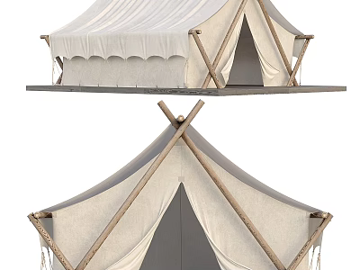 Natural White Canvas Tent With Wooden Crossed Poles For Outdoor Camping Use 3d model