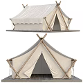 Natural White Canvas Tent With Wooden Crossed Poles For Outdoor Camping Use
