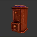 Red Wooden Storage Cabinet With Two Drawers Brass Knobs And Decorative Top