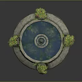 Garden Ornament Decorative Fountain Design With Circular Water Basin Surrounding Flower Pots And Blooming Flowers