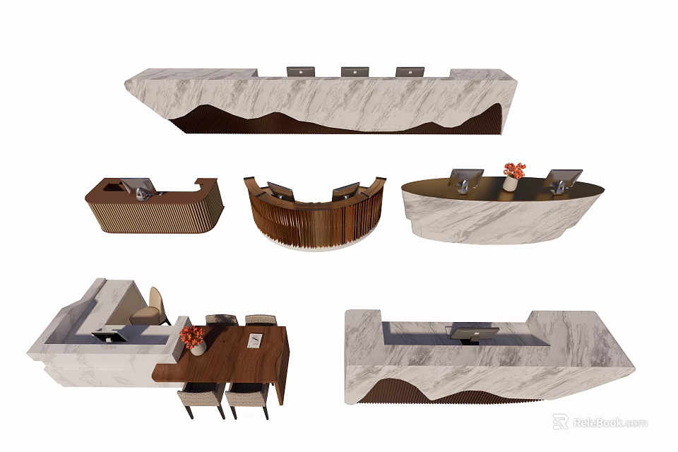 Elegant Modern Reception Desk Designs With Marble Surfaces Curved Wooden Shapes And Floral Accents 3d model 