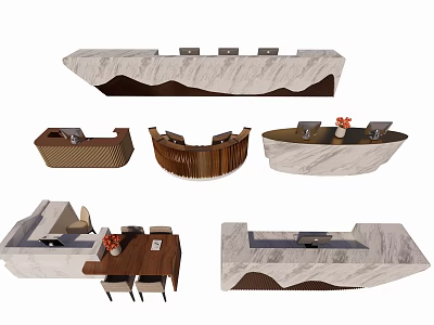 Elegant Modern Reception Desk Designs With Marble Surfaces Curved Wooden Shapes And Floral Accents 3d model