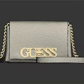 Guess Grey Pebbled Leather Crossbody Bag With Gold Logo And Chain Strap