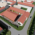 Two Story School Building With Red Roof Wooden Balcony Green Plants And Flower Pots