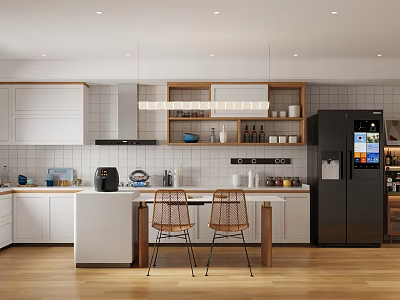 Modern Kitchen Interior Design With Wooden Island Counter Cabinets And Appliances 3d model