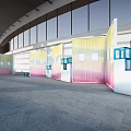 Colorful Hot Air Balloons in Large Indoor Exhibition Space with Booths and Windows