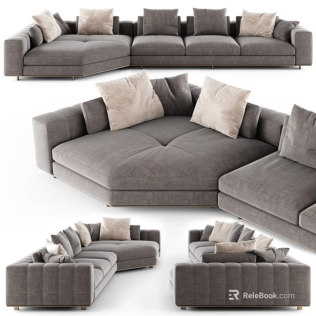 Modern Grey Sectional Sofa With Plush Pillows And Comfortable Seating 3d model 
