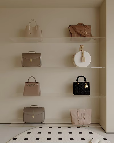 Stylish Handbags Arranged On Shelves With Different Colors Styles And Designs 3d model