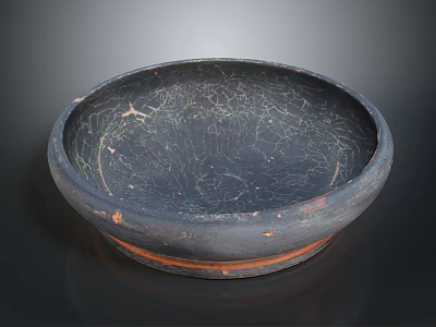 Hand Carved Black Clay Basin With Cracked Surface And Orange Rim 3d model