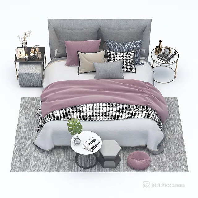 Cozy Double Bed with Multiple Pillows Pink Blanket and Side Tables on Grey Rug 3d model