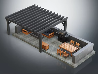 Modern Wooden Outdoor Pergola With Dining Table Chairs And Sofa In Patio Area 3d model