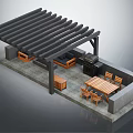 Modern Wooden Outdoor Pergola With Dining Table Chairs And Sofa In Patio Area