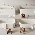 Modern Freestanding White Bathtub Interior With Folded Towel Wooden Stool And Faucet