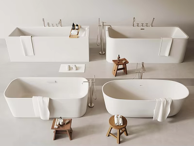 Modern Freestanding White Bathtub Interior With Folded Towel Wooden Stool And Faucet 3d model