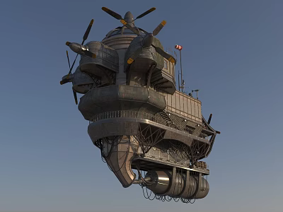 Floating Airship With Multiple Propellers And Complex Upper Deck Structure Against Blue Sky 3d model
