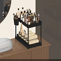 Modern Black Bathroom Cabinet Rack With Toiletries Brushes And Stacked Towels
