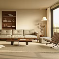Cozy Living Room Interior Design With Beige Sofa Wooden Shelf Coffee Table And Green Plant