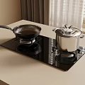 Black Induction Cooktop On Kitchen Countertop With Black Handle Frying Pan And Stainless Steel Pot