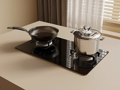 Black Induction Cooktop On Kitchen Countertop With Black Handle Frying Pan And Stainless Steel Pot 3d model