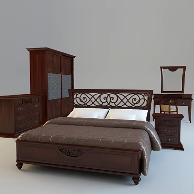 Classic Double Bed With Carved Headboard And Brown Bedding In Bedroom Furniture Set 3d model