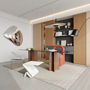 Modern Study Desk Carpet Bookcase Chandelier 3d model
