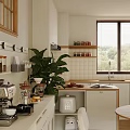 Cozy Modern Kitchen Interior With Window Blinds Green Plant Open Shelves And Countertop