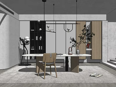 Modern Study Room Interior With Marble Table Wooden Chair Bookshelf Pendant Lights Plant And Rug 3d model
