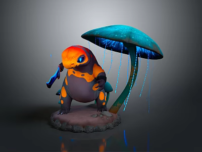 Cartoon Game Movie Character Holding Blue Object With Orange Head Black Body And Glowing Mushroom 3d model