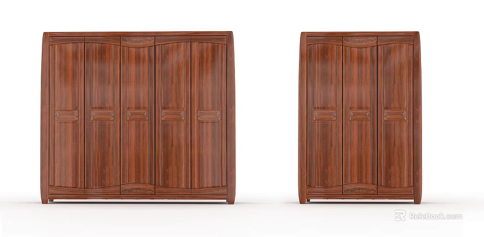 Traditional Wooden Wardrobes With Multiple Doors And Carved Wood Grain Details 3d model 