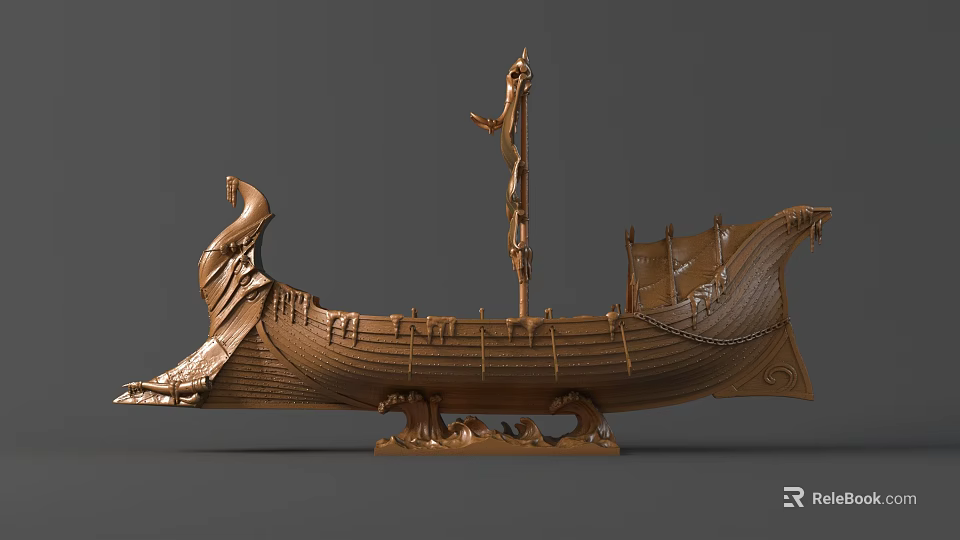 Bronze Viking Ship Sculpture With Decorative Mast Intricate Carvings And Wave Base 3d model 