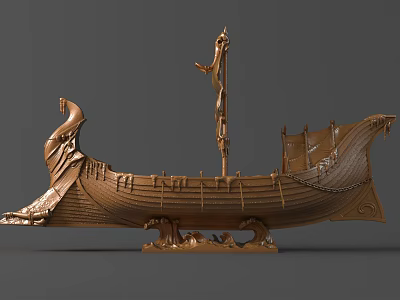 Bronze Viking Ship Sculpture With Decorative Mast Intricate Carvings And Wave Base 3d model