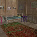 Rustic Bedroom Interior With Wooden Walls Bed Nightstands And Red Patterned Rug